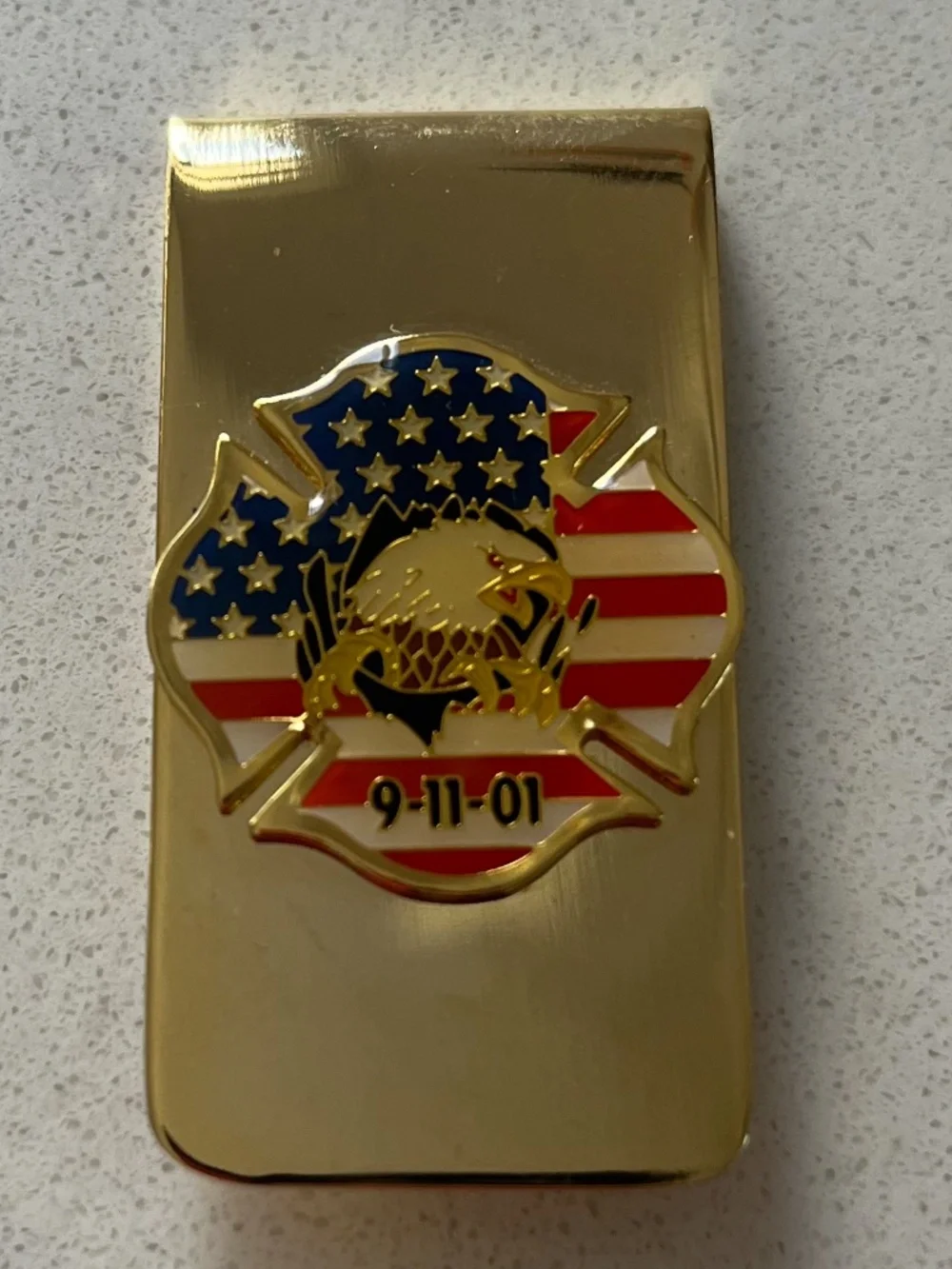 Brass 911 Money Clip firefighters Emblem, United States Flag Eagle